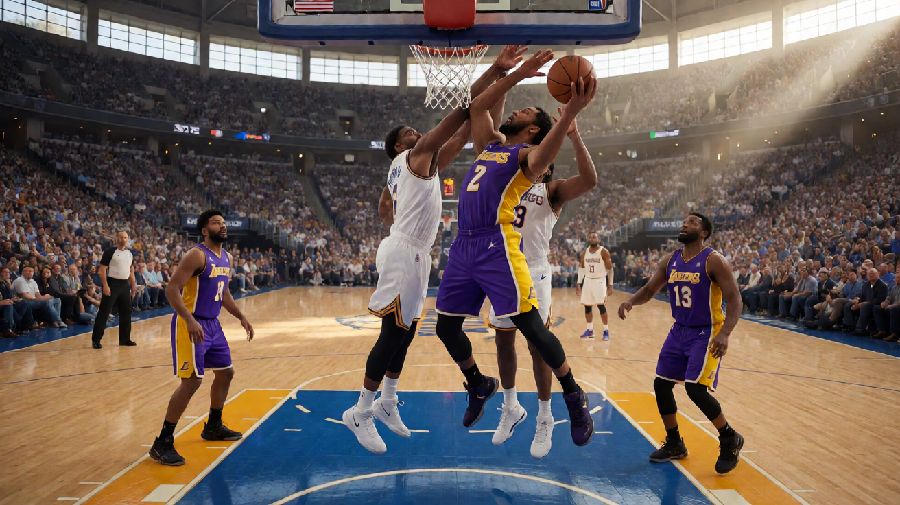 NBA篮球比赛现场，球员激烈对抗的比赛画面